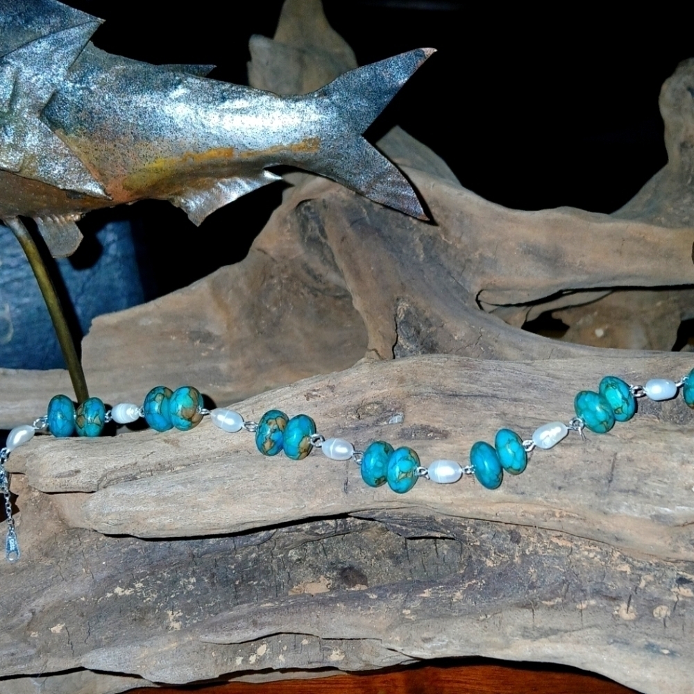 Blue Mosiac Turquoise and freshwater pearl Bracelet in sterling silver